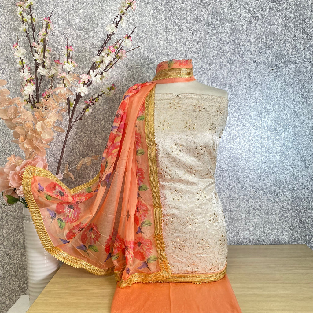 Unstitched Soft Faux Floral Benarsi Silk Suit