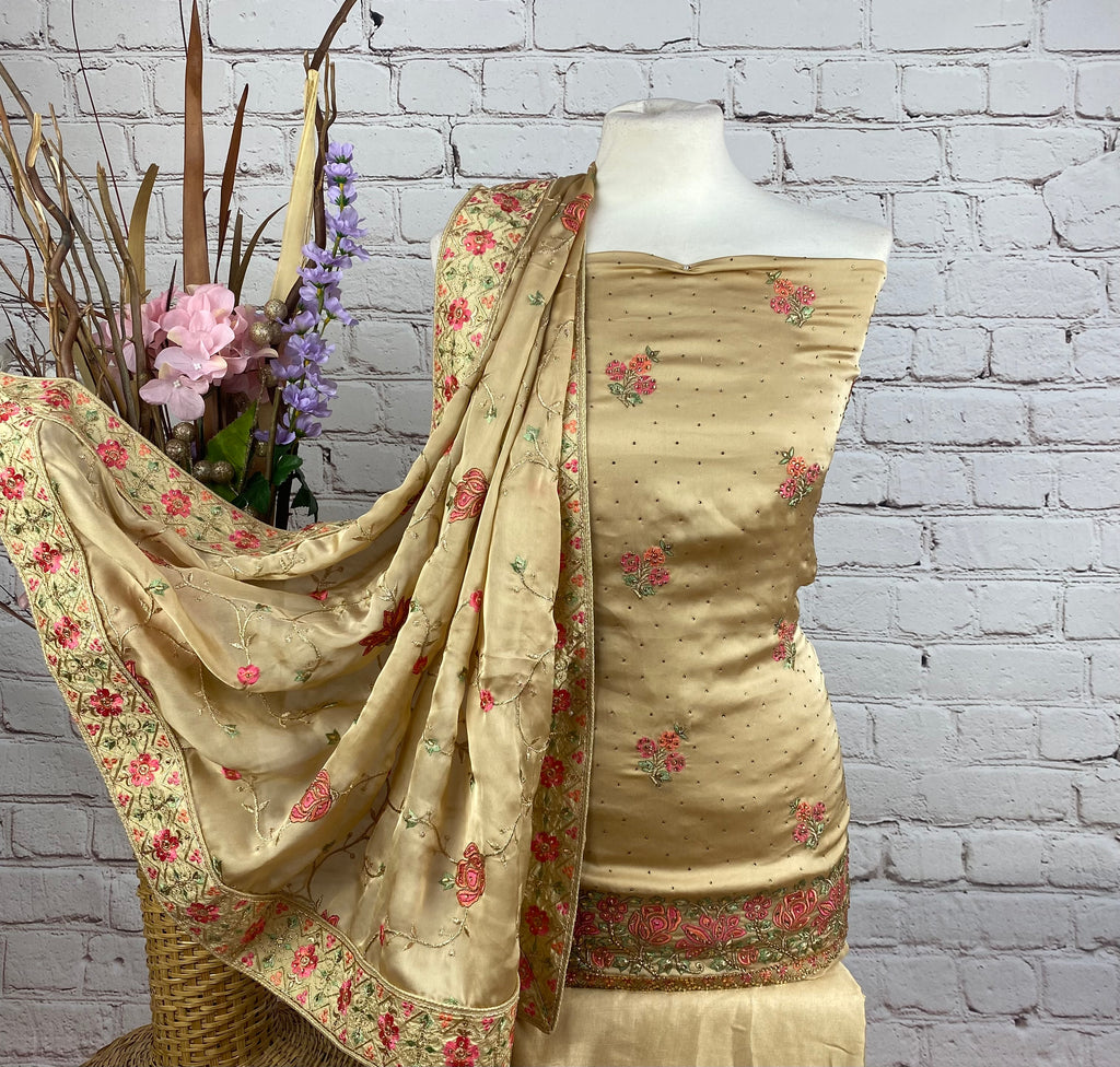 Unstitched Soft Floral Embroidered Sateen Silk Suit (B9)