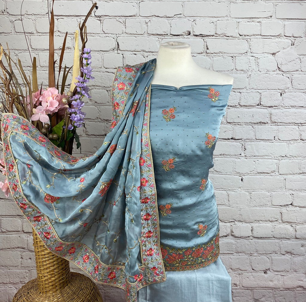 Unstitched Soft Floral Embroidered Sateen Silk Suit (B9)