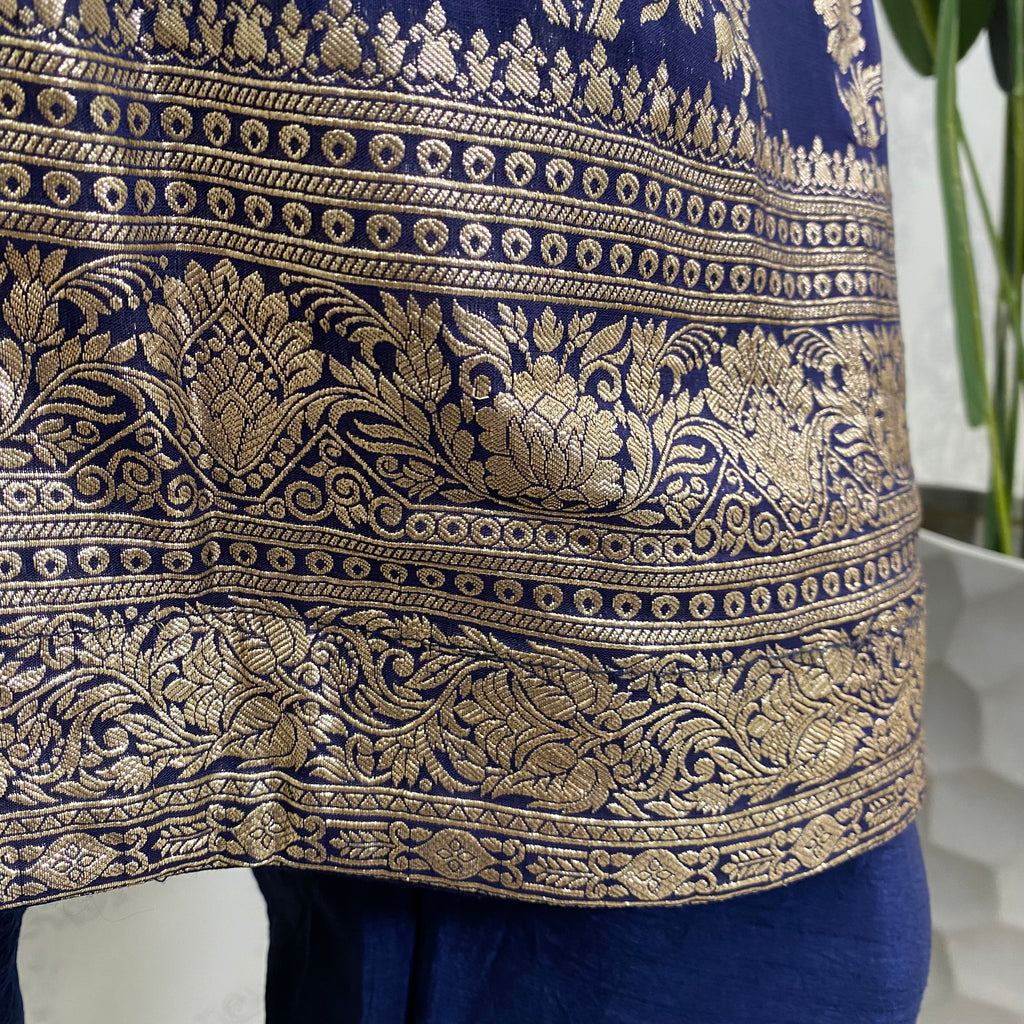 FIORA | Navy Blue Ornate Brocade Trouser & Pajami Suit