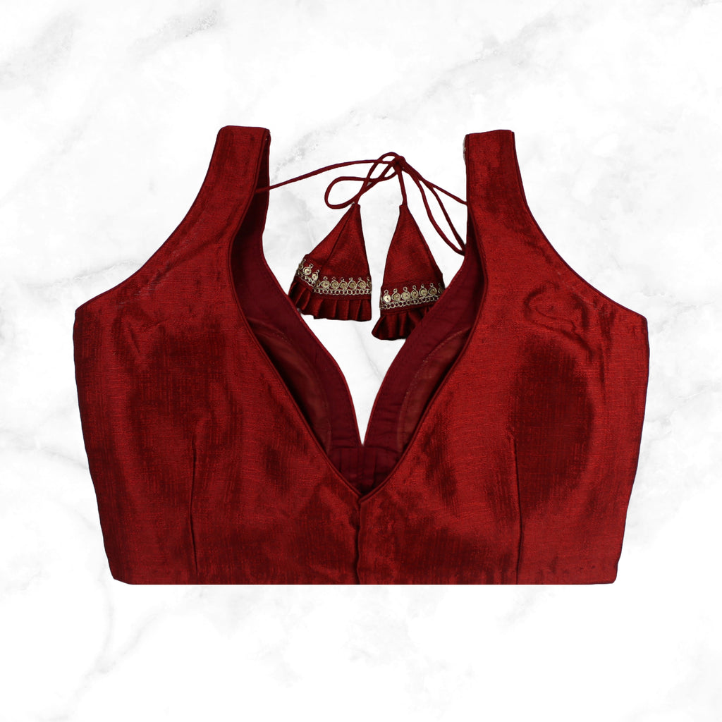 MAYA | MAROON SEQUIN TRIMMED PLAIN SILK BLOUSE