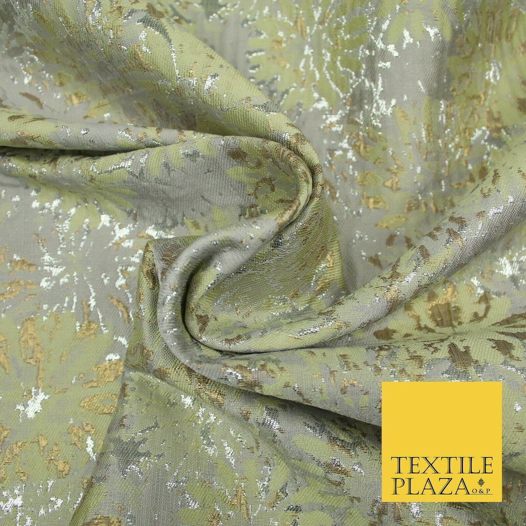 Tea Green Grey Petunia Floral Silver Metallic Brocade Jacquard Dress Fabric 1893
