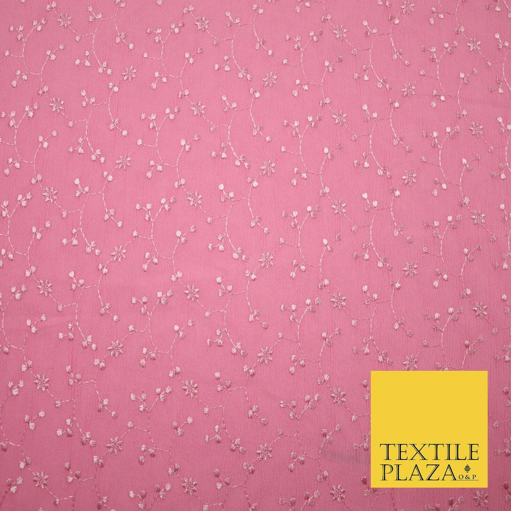Premium Pink Floral Stems Threadwork Embroidered Crinkle Viscose Dress Fabric