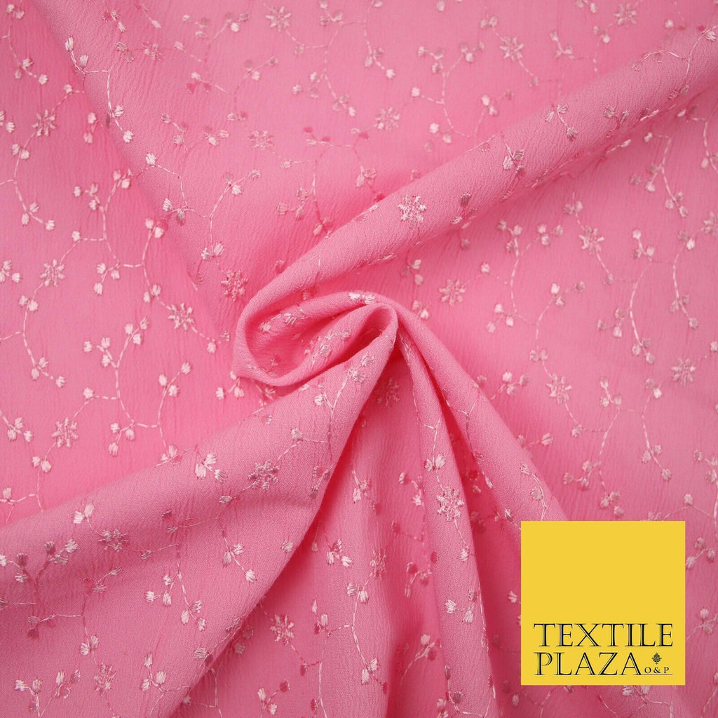 Premium Pink Floral Stems Threadwork Embroidered Crinkle Viscose Dress Fabric