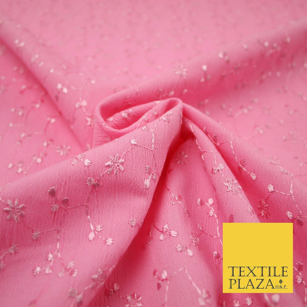 Premium Pink Floral Stems Threadwork Embroidered Crinkle Viscose Dress Fabric