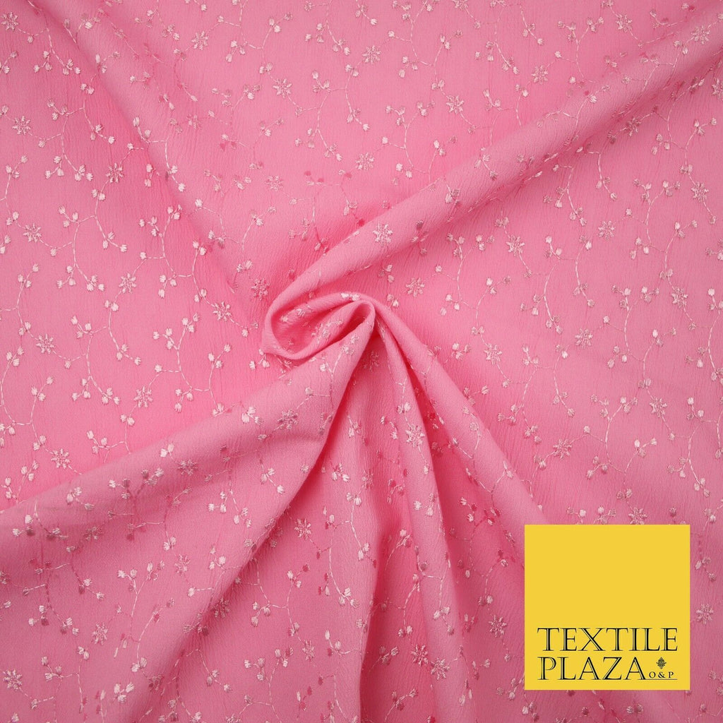 Premium Pink Floral Stems Threadwork Embroidered Crinkle Viscose Dress Fabric