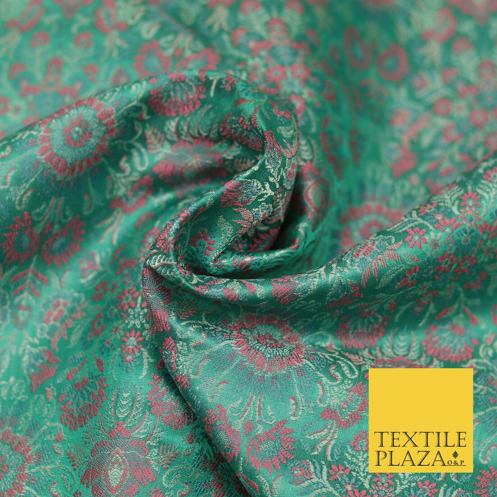 Aqua Pink Luxury Floral PURE Benarsi Brocade Woven Fine Dress Fabric Fancy 1758