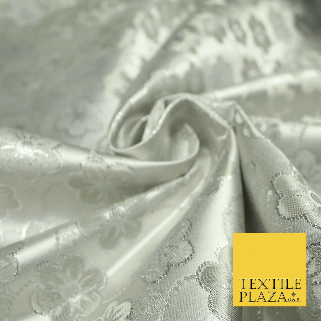 Silver Floral Pansy Vine Satin Metallic Brocade Dress Fabric Fancy 45" 6006