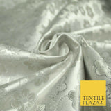 Silver Floral Pansy Vine Satin Metallic Brocade Dress Fabric Fancy 45