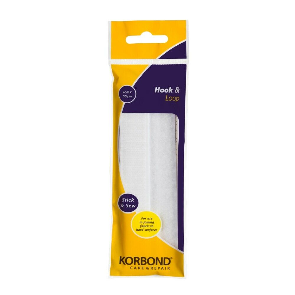 KORBOND Hook & Loop STICK & SEW Fabric to Hard Surfaces WHITE 2cm x 50cm 110122