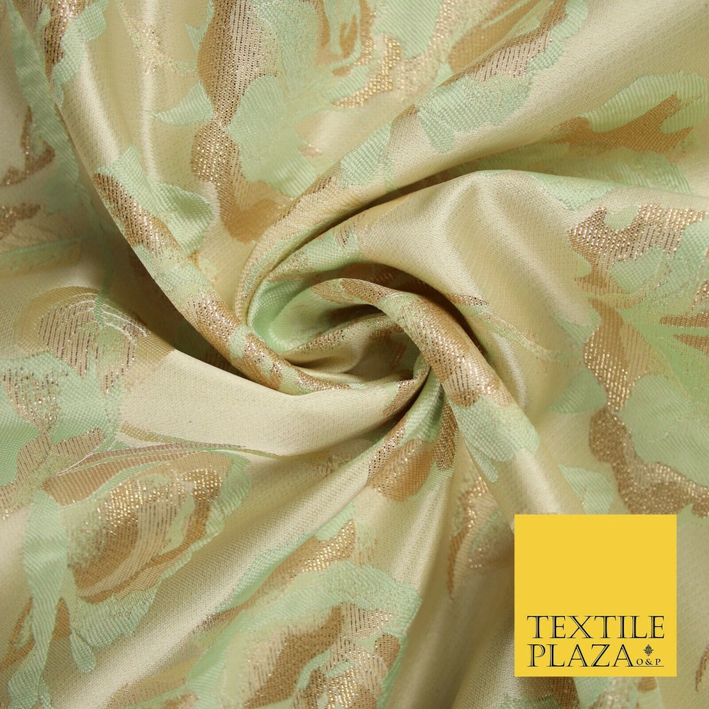 Cream Gold Mint Green Blooming Leafy Rose Flowers Brocade Jacquard Fabric 6787