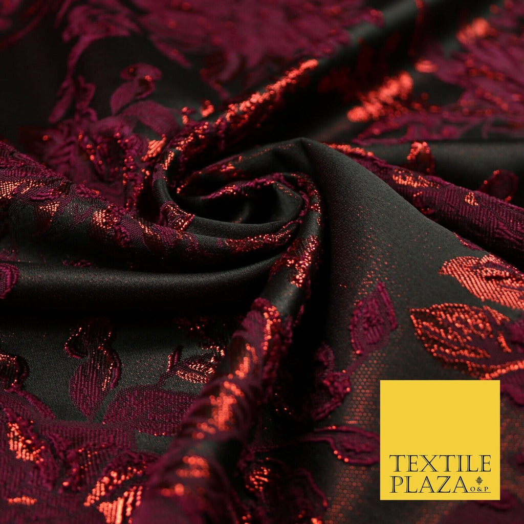 Black Magenta Red Floral Textured Metallic Fancy Brocade Jacquard Fabric 6763