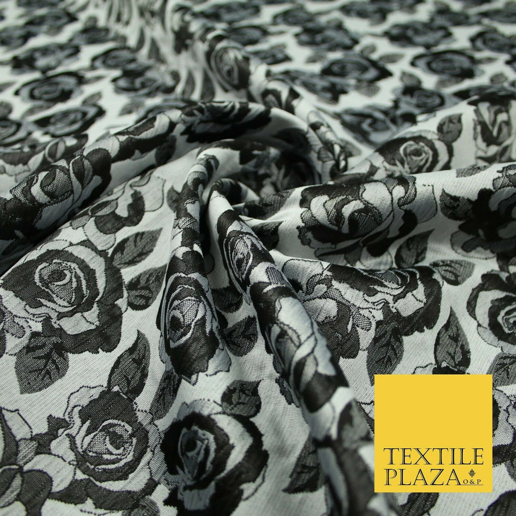 Monotone Grey Black Vintage Floral Roses Brocade Jacquard Dress Fabric 6858