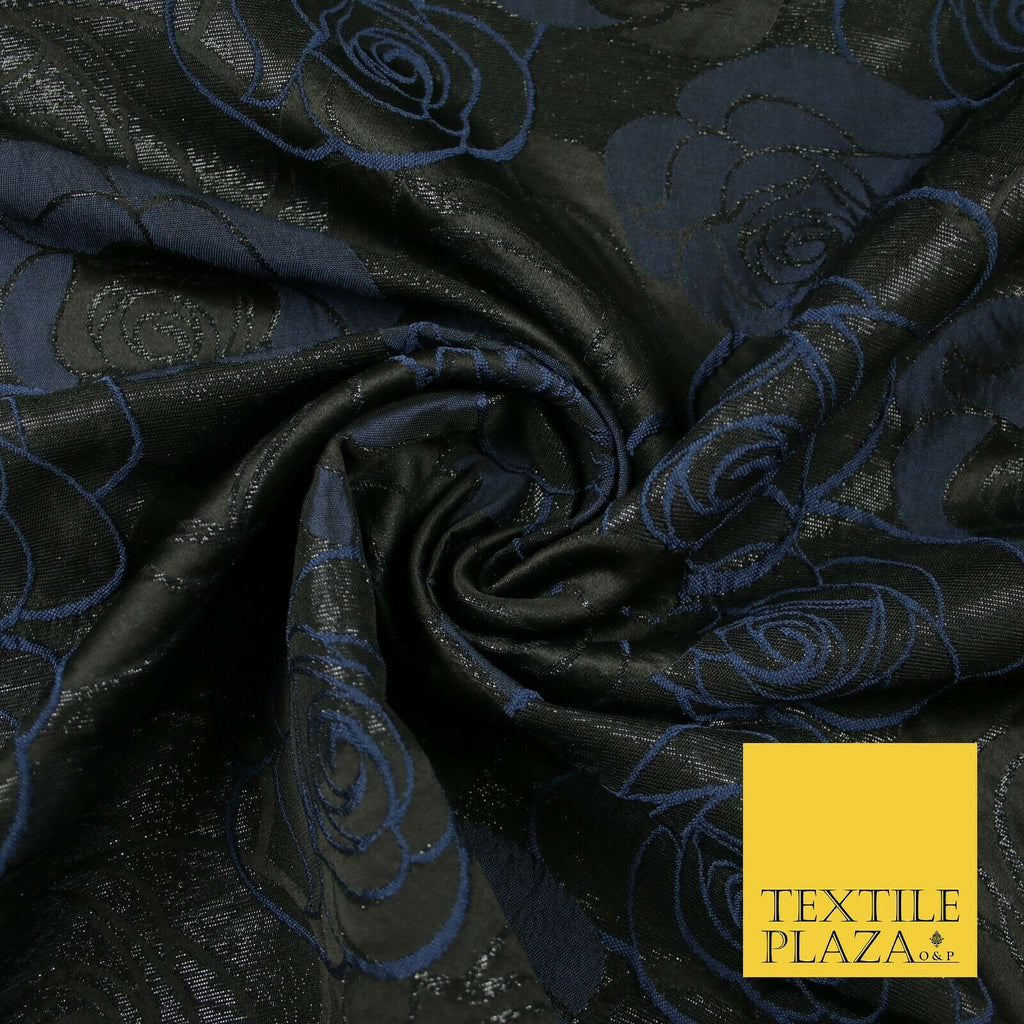 Black Navy Blue Large Floral Rose Outline Textured Brocade Dress Fabric 6845