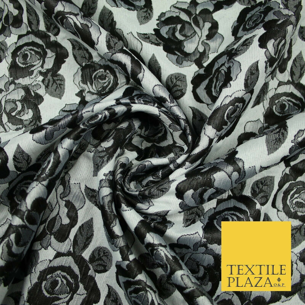Monotone Grey Black Vintage Floral Roses Brocade Jacquard Dress Fabric 6858
