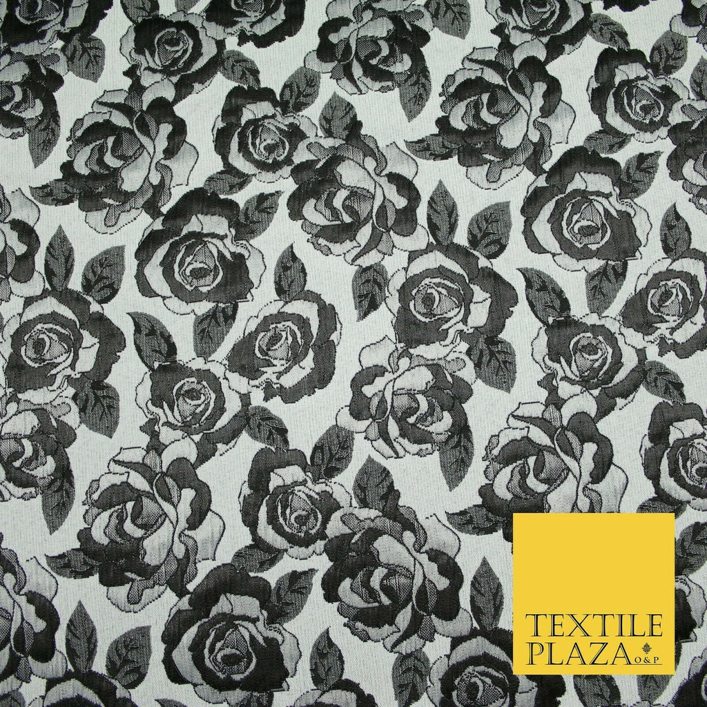 Monotone Grey Black Vintage Floral Roses Brocade Jacquard Dress Fabric 6858