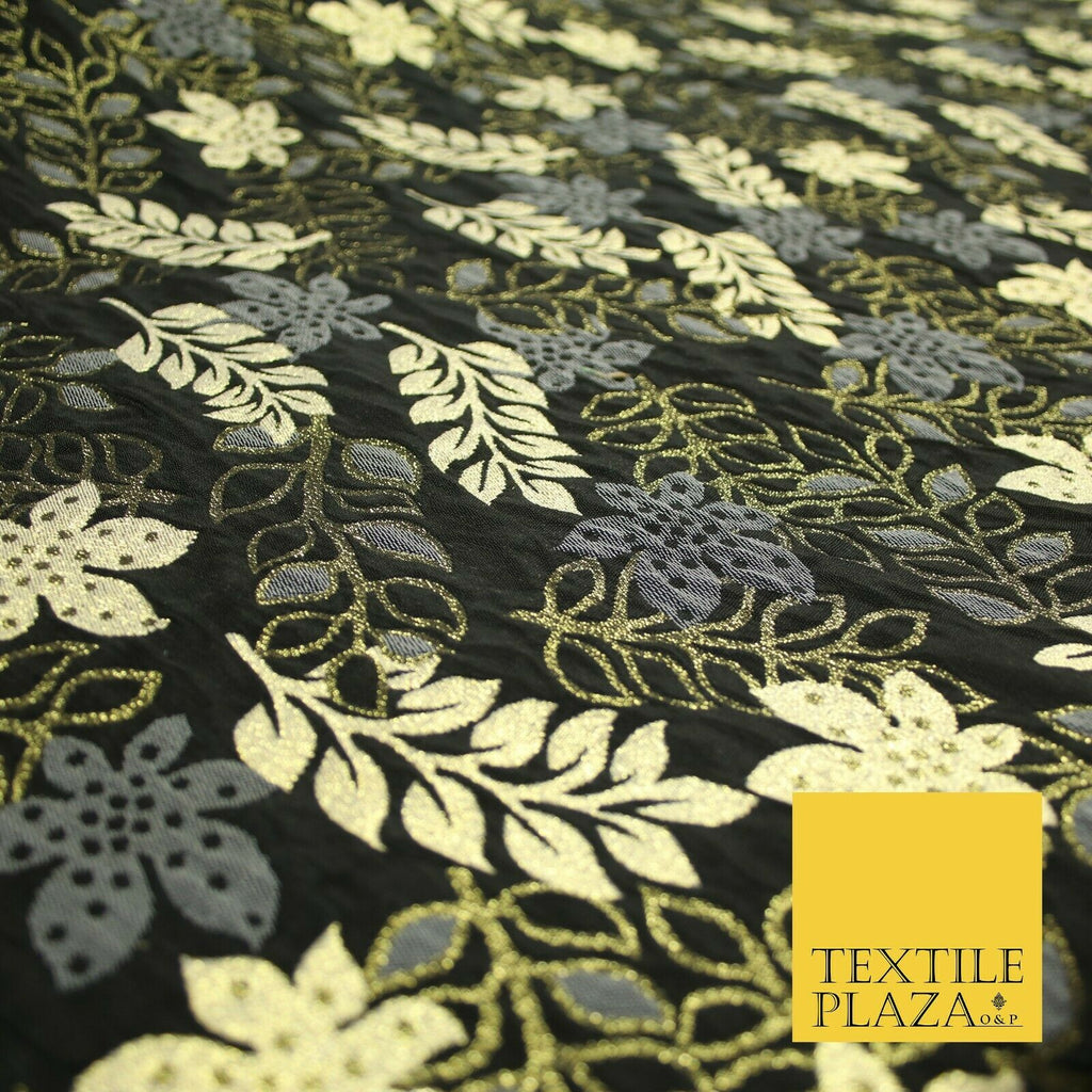 Black Gold Grey Falling Rowan Leaves Fancy Brocade Jacquard Dress Fabric 6842