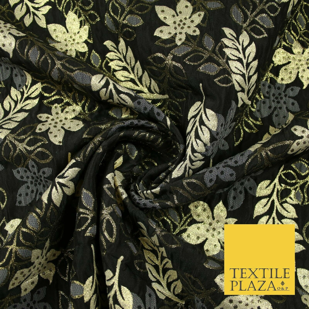 Black Gold Grey Falling Rowan Leaves Fancy Brocade Jacquard Dress Fabric 6842