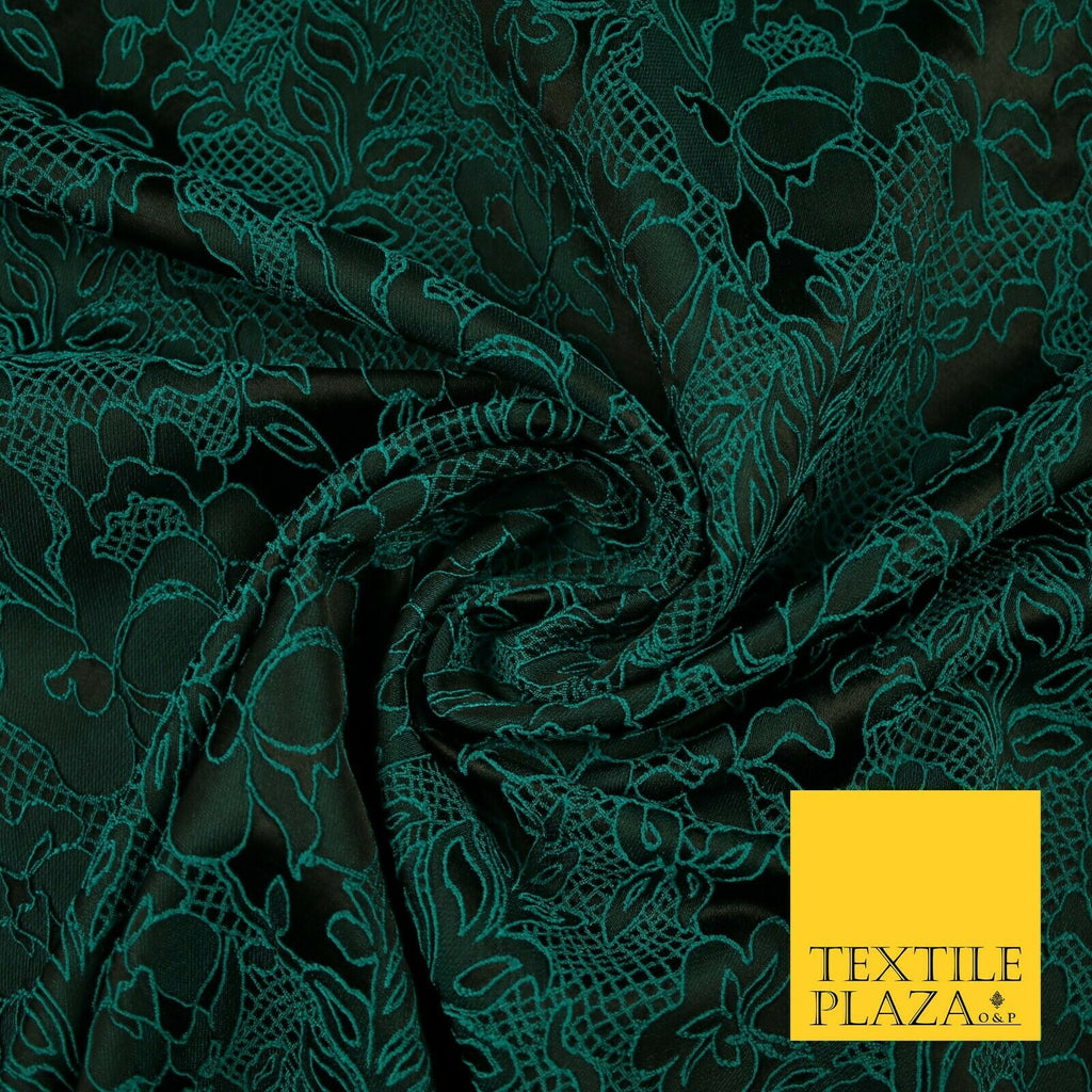 Black Jade Green Ornate Corded Floral Lattice Textured Brocade Fabric 7169