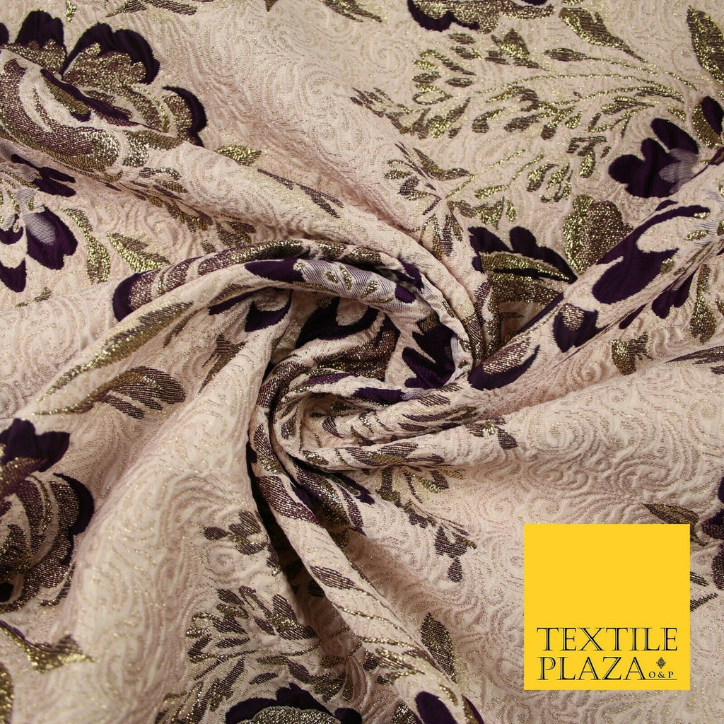 Blush Pink Purple Ornate Mix Floral Swirls Metallic Textured Brocade Fabric 7171