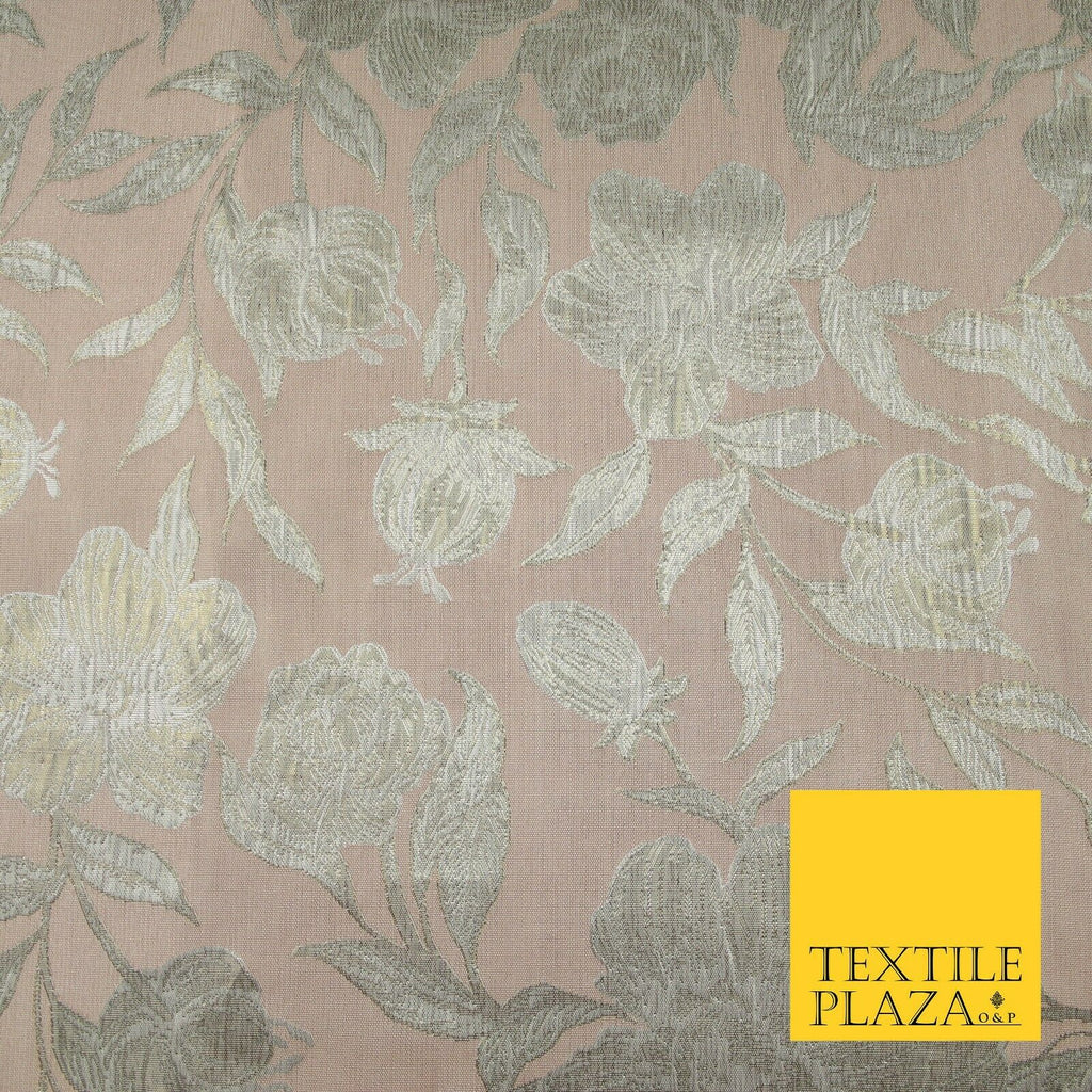 Light Peach Gold Wildflower Thistle Floral Metallic Textured Brocade Fabric 7162