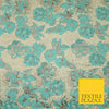 Cream Aqua Blue Floral Metallic Gold Speckle Spray Textured Brocade Fabric 7165