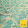 Cream Aqua Blue Floral Metallic Gold Speckle Spray Textured Brocade Fabric 7165