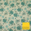 Cream Sea Green Rose Flowers Gold Metallic Speckle Textured Brocade Fabric 7163
