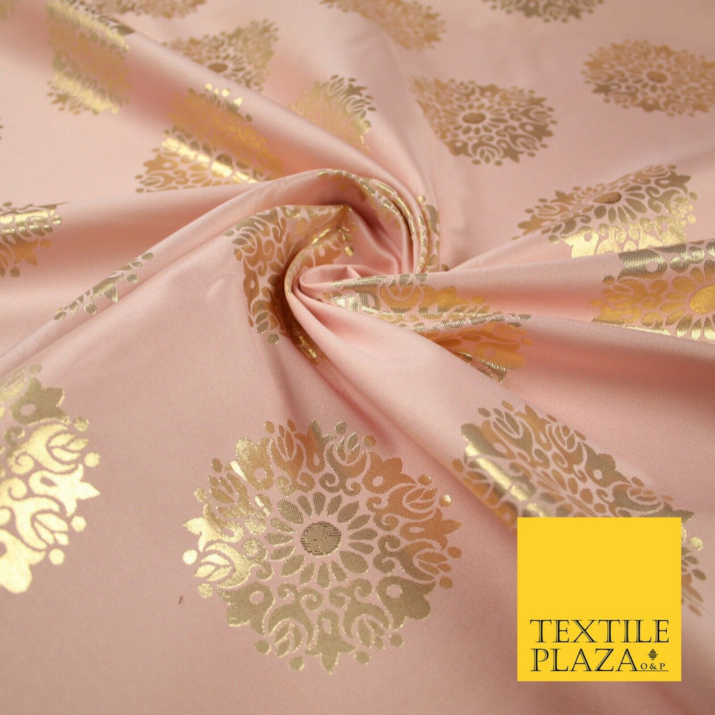 Baby Pink Metallic Gold Ornate Mandala Motif Textured Brocade Dress Fabric 7155