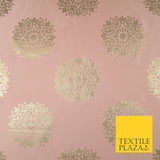 Baby Pink Metallic Gold Ornate Mandala Motif Textured Brocade Dress Fabric 7155