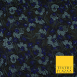 Black Royal Blue Duck Egg Intense Pansy Floral Textured Brocade Fabric 7148