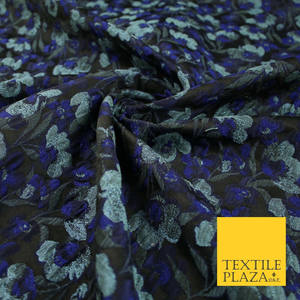 Black Royal Blue Duck Egg Intense Pansy Floral Textured Brocade Fabric 7148