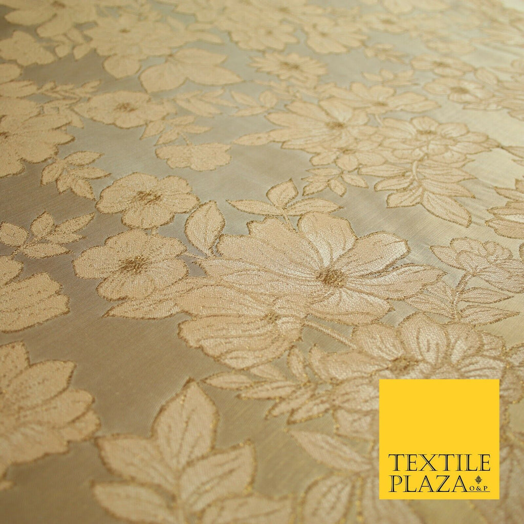 Peach Nude Floral Cluster Corded Metallic Textured Brocade Jacquard Fabric 7139