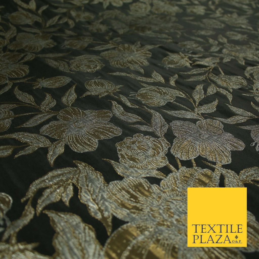 Black Antique Gold Wildflower Thistle Metallic Textured Brocade Fabric 7140