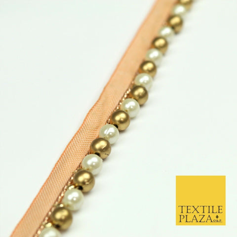 Small Shiny Gold Cream Pearl Beaded Trim Ribbon Border Lace Ethnic (X427)