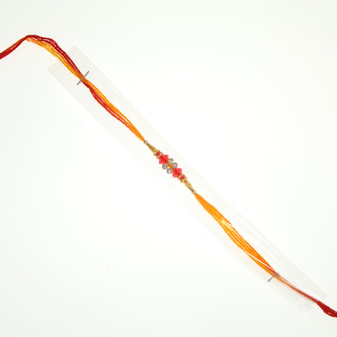 Single Simple Red Thread Rakhi with Gold Beads - R104
