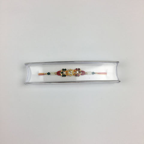 Dozen Rakhis With Orange And Gold beads on a Multicolour Thread - R130