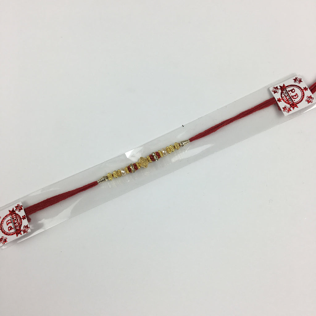 Single Simple Red Thread Rakhi with Gold Beads - R104