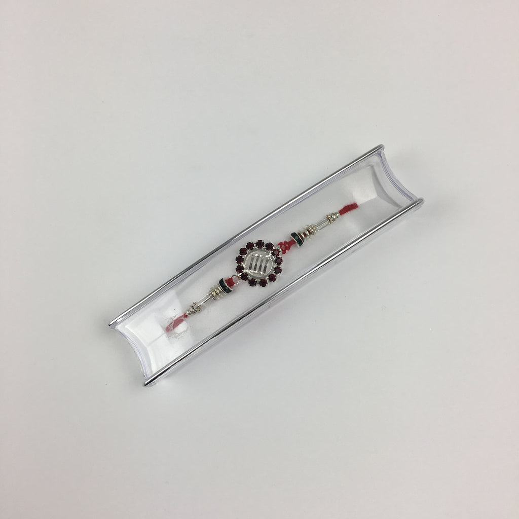 Single Round Metal Red Stoned Rakhi With Silver Beads - R105