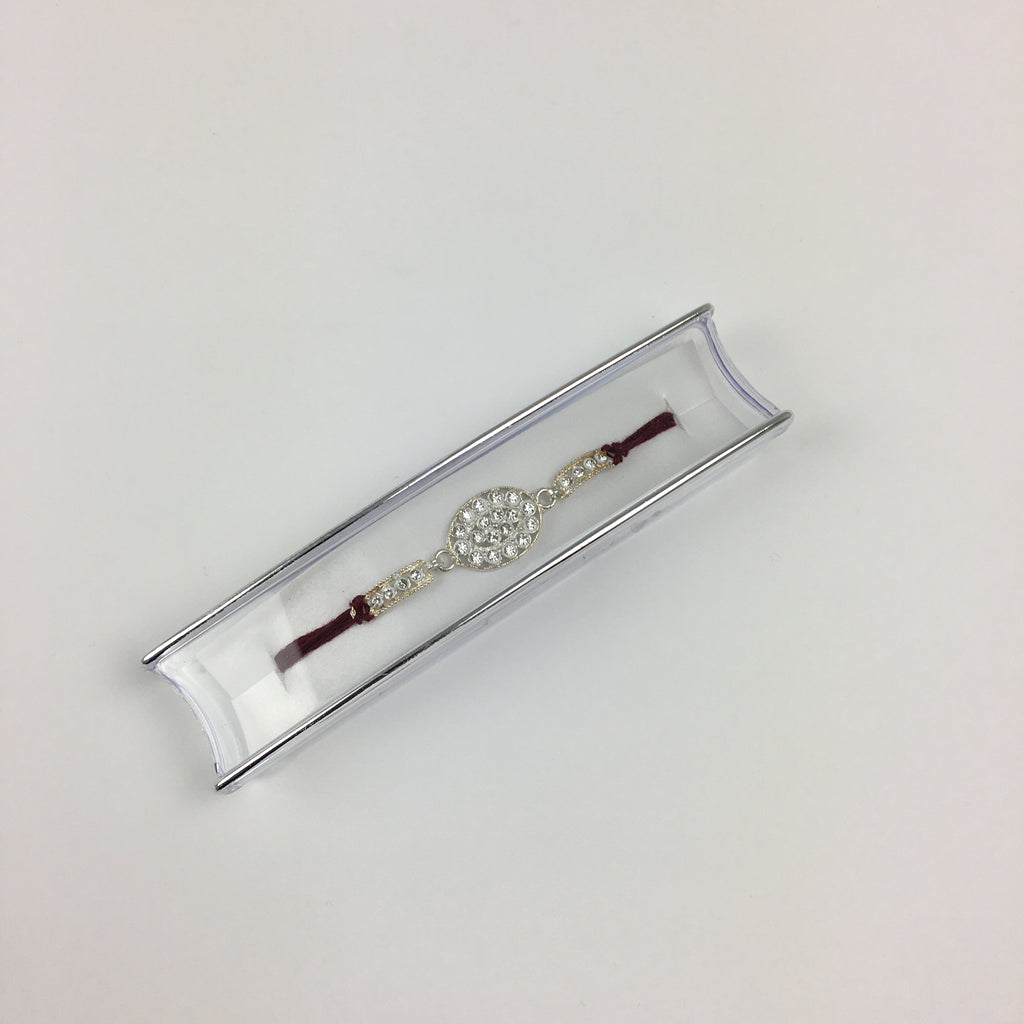 Single Oval Shaped Silver Diamonte Stoned Rakhi - R107