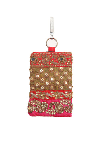 Gold Embellished Mobile Phone Pouch with Mirror Work and Antique Embroidery