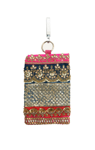 Red Hand Embellished Mobile Phone Pouch with Antique Gold Embroidery