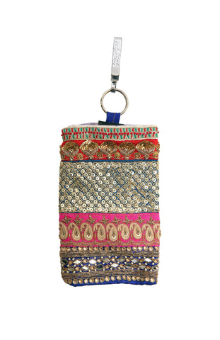 Gold Embellished Mobile Phone Pouch with Mirror Work and Antique Embroidery
