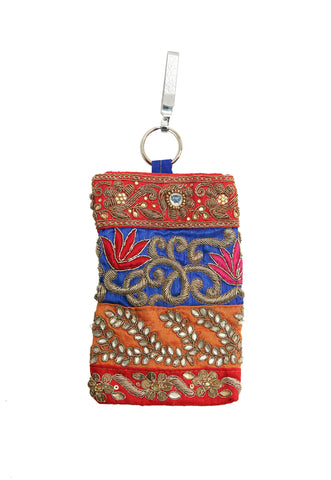 Red Hand Embellished Mobile Phone Pouch with Antique Gold Embroidery