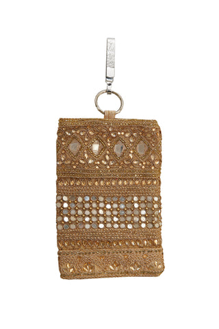 Gold Hand Embellished Mobile Phone Pouch with Mirror Work and Antique Embroidery