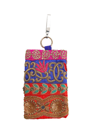 Gold Embellished Mobile Phone Pouch with Mirror Work and Antique Embroidery