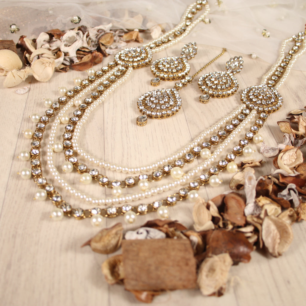Crystal & Pearl Rani Haar Set with Pearl Beads