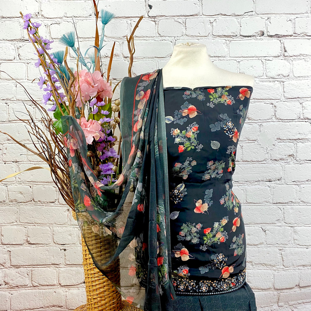 Designer floral crepe print suit