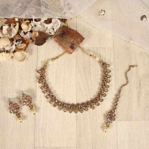 Crystal & Pearl Rani Haar Set with Pearl Beads