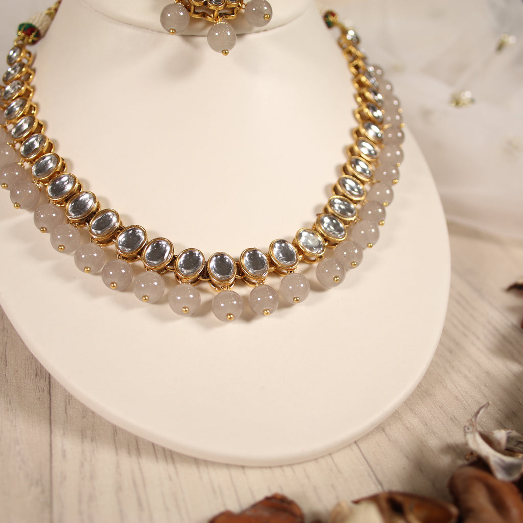 Kundan Effect Set with Light Grey Bead Drops